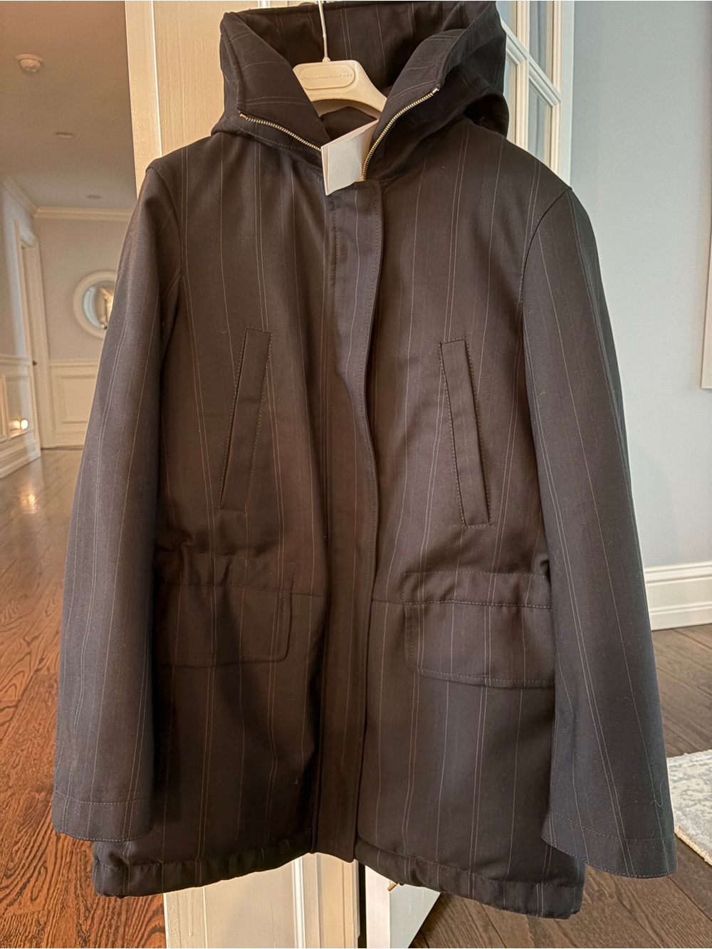 Stella McCartney Black Pinstripe Hooded Trench Coat